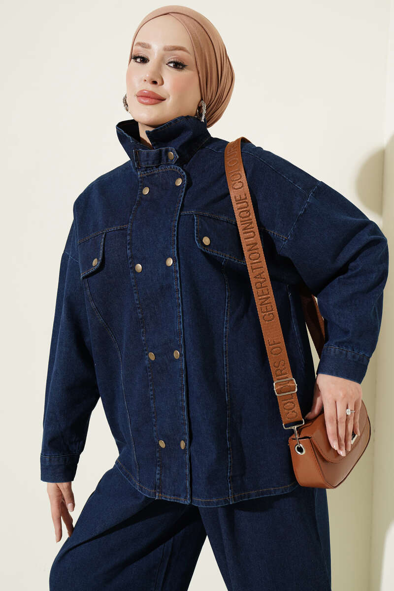 Zip-Up Denim Two-Piece Set with Stand Collar - Blue