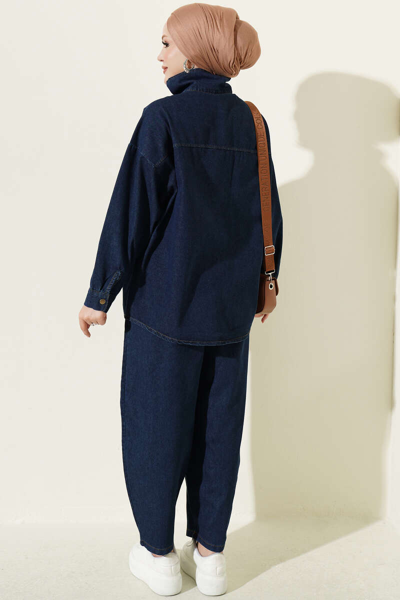Zip-Up Denim Two-Piece Set with Stand Collar - Blue