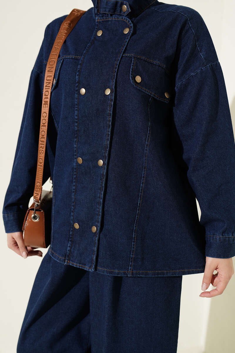 Zip-Up Denim Two-Piece Set with Stand Collar - Blue