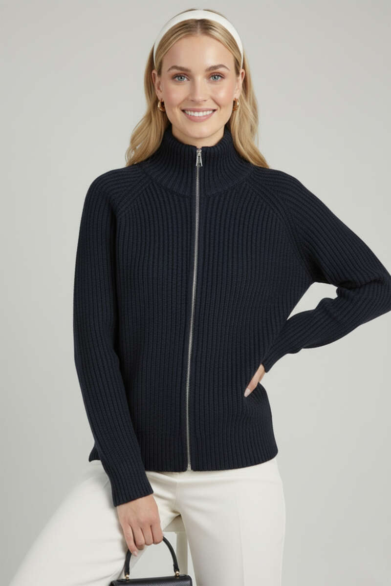 Stand-Collar Zip Knit Cardigan - Navy