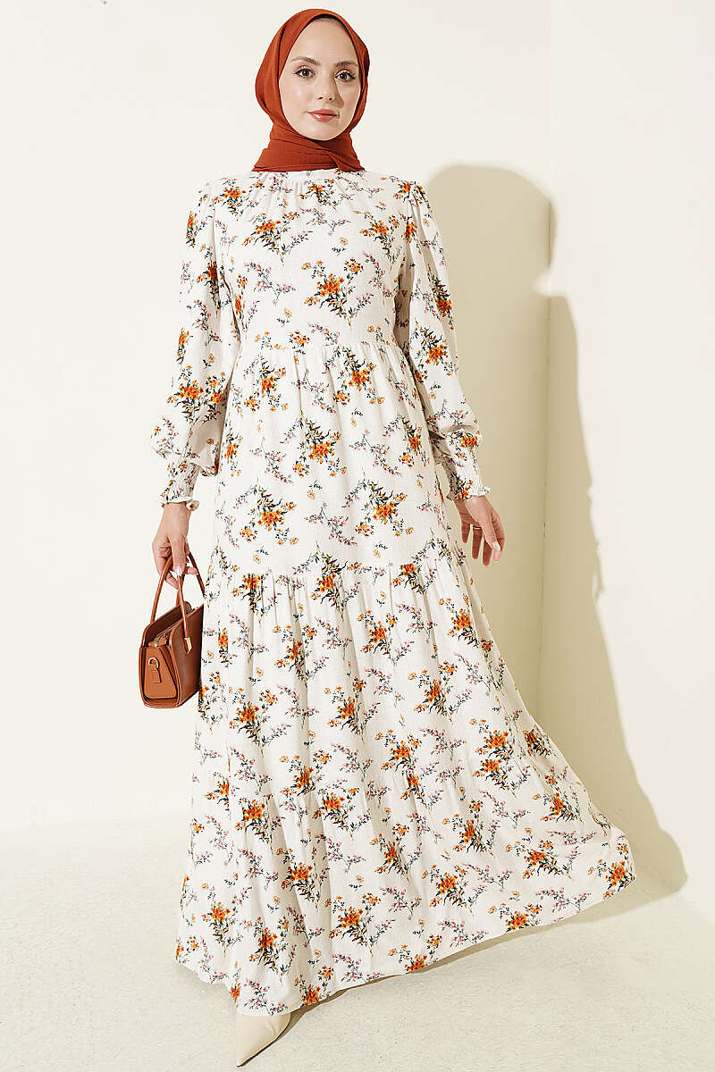 Floral Stand-Collar Dress with Piping - Beige