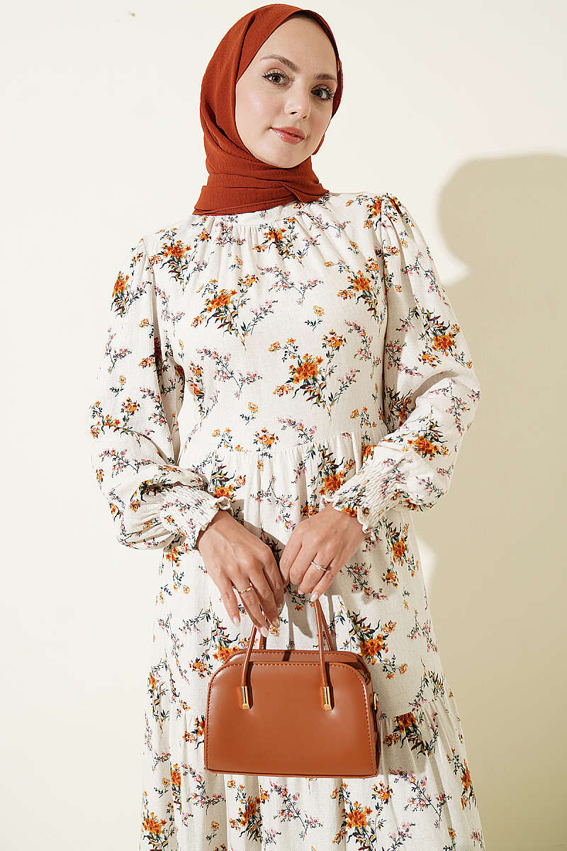 Floral Stand-Collar Dress with Piping - Beige