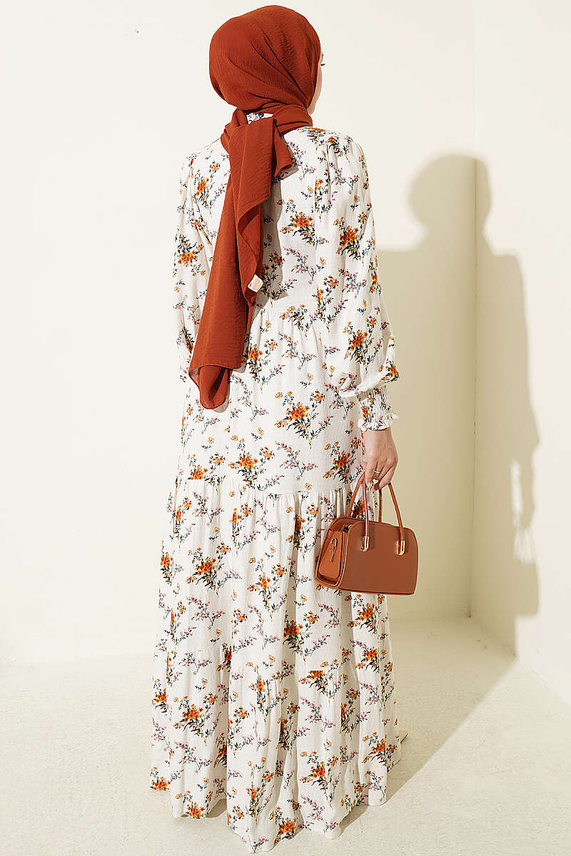 Floral Stand-Collar Dress with Piping - Beige