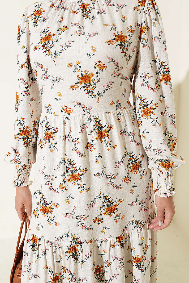 Floral Stand-Collar Dress with Piping - Beige