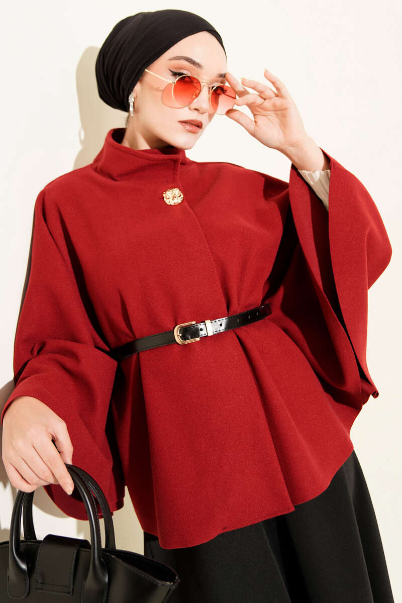 Stand-Collar Felt Poncho with Gold Buttons - Burgundy