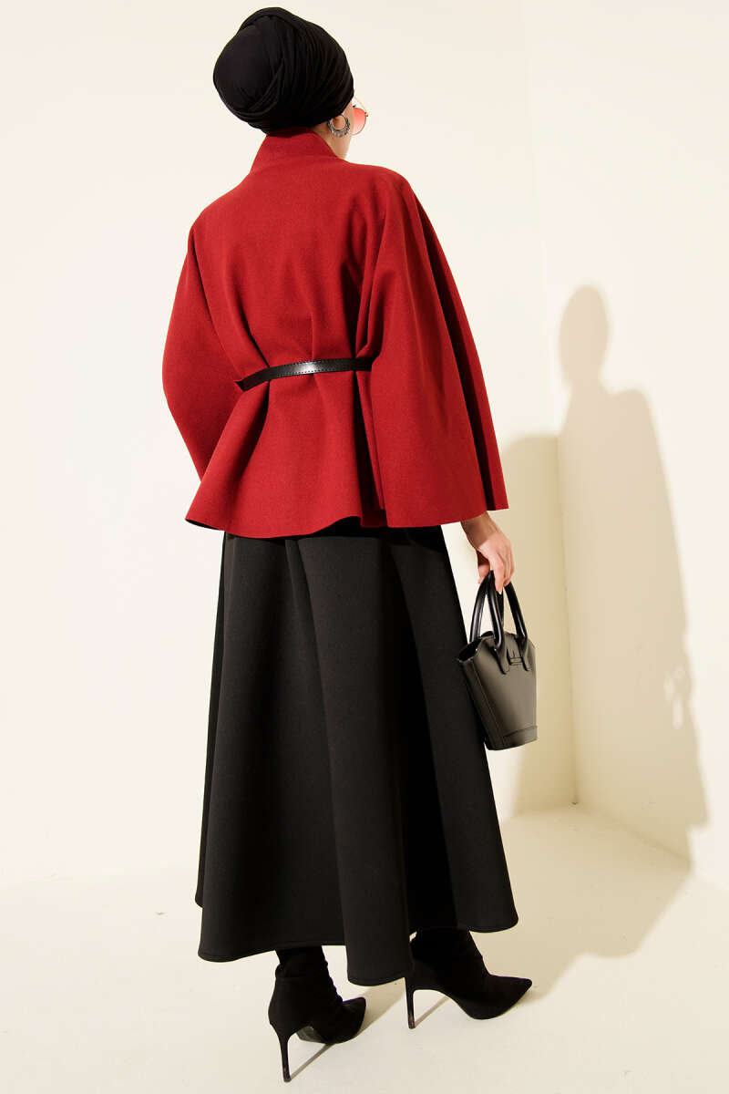 Stand-Collar Felt Poncho with Gold Buttons - Burgundy
