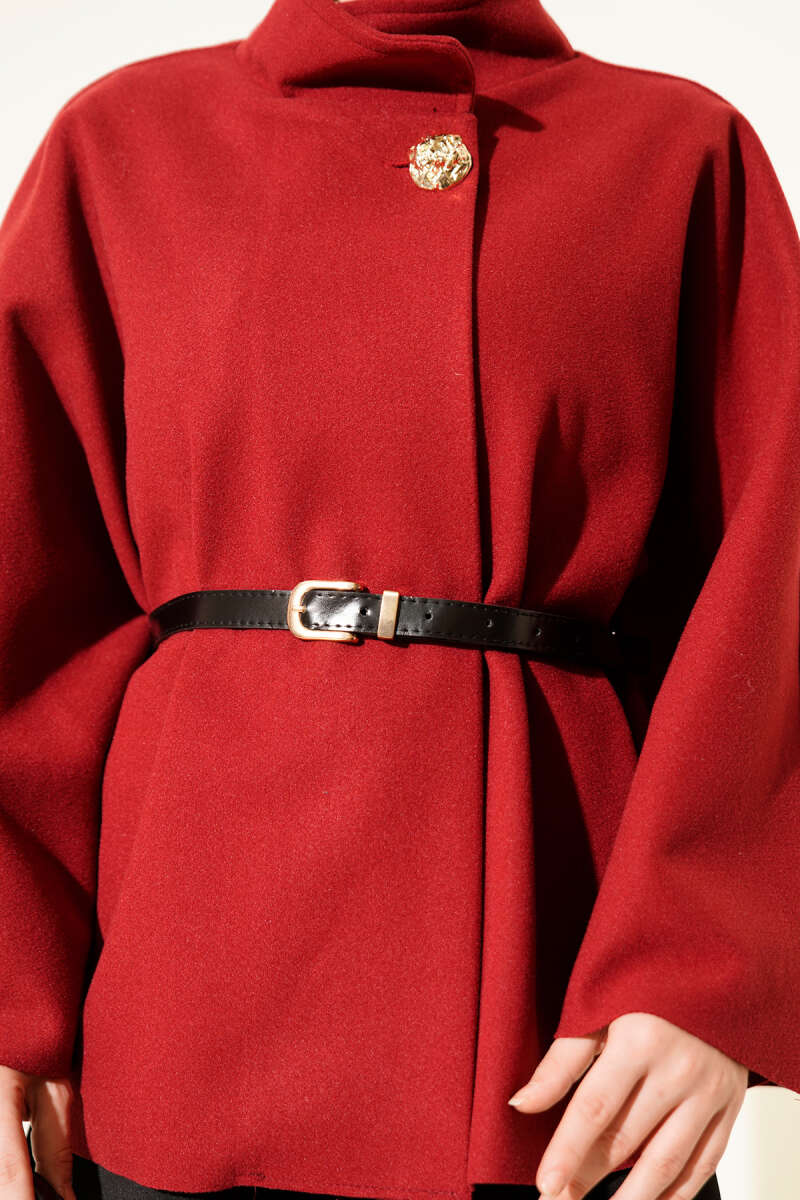 Stand-Collar Felt Poncho with Gold Buttons - Burgundy