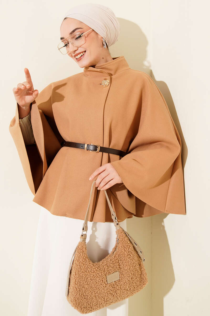 Stand-Collar Felt Poncho with Gold Buttons - Camel