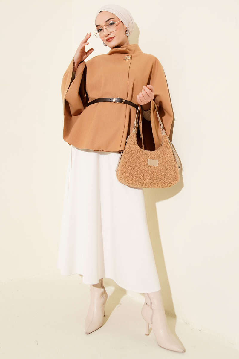 Stand-Collar Felt Poncho with Gold Buttons - Camel
