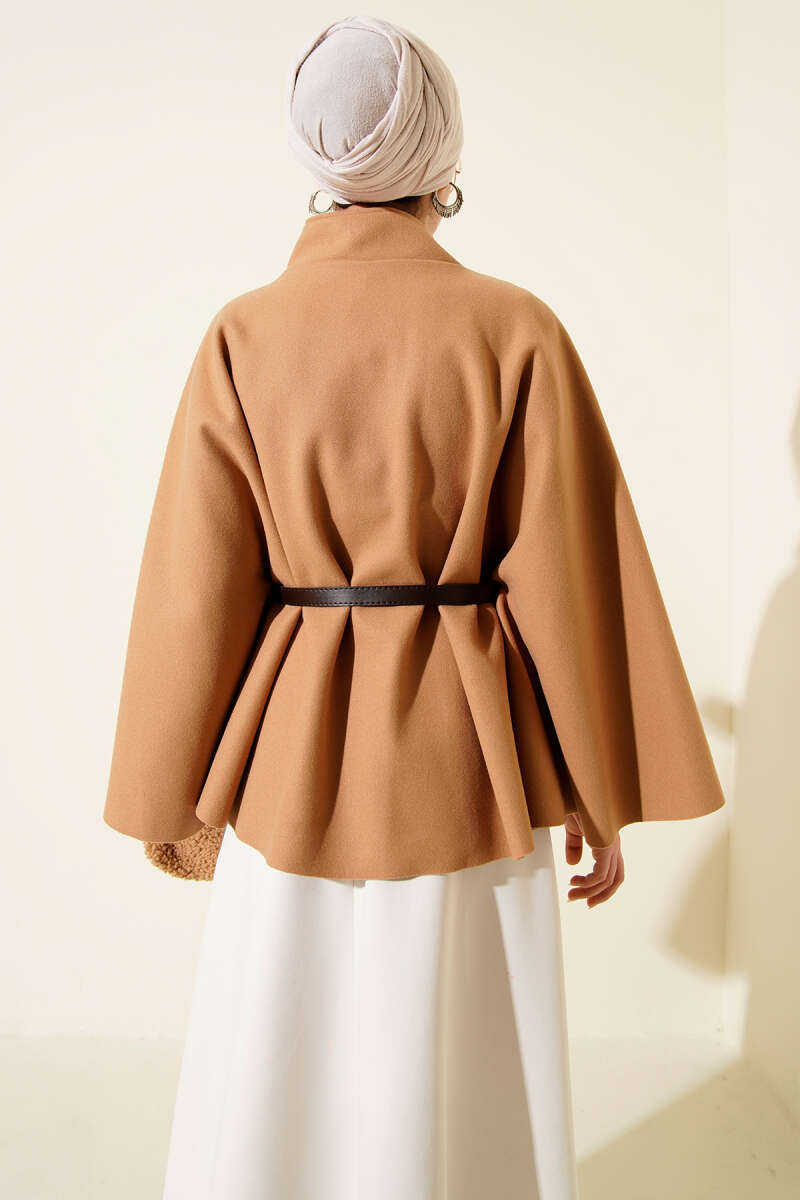 Stand-Collar Felt Poncho with Gold Buttons - Camel