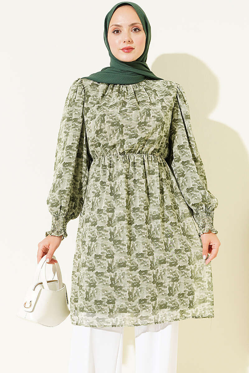 Mixed-Print Chiffon Tunic with Stand Collar - Khaki