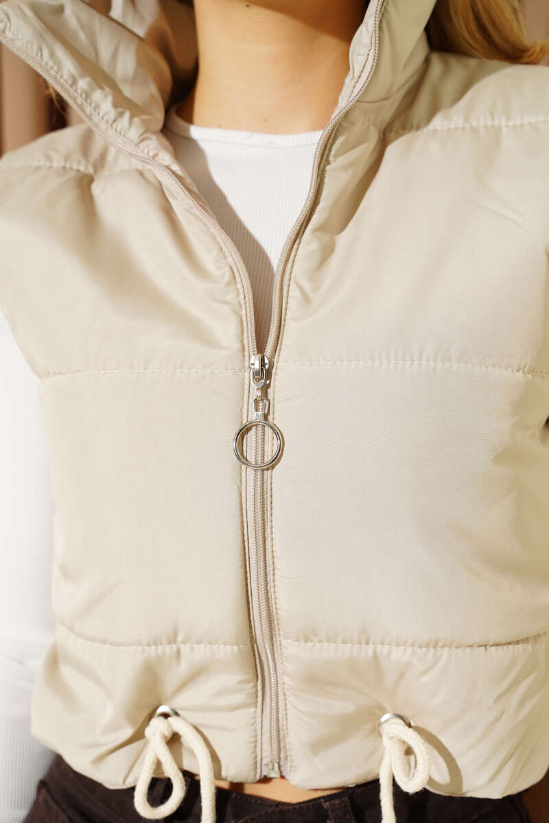 Sleeveless Stand-Collar Puffer Vest - Beige