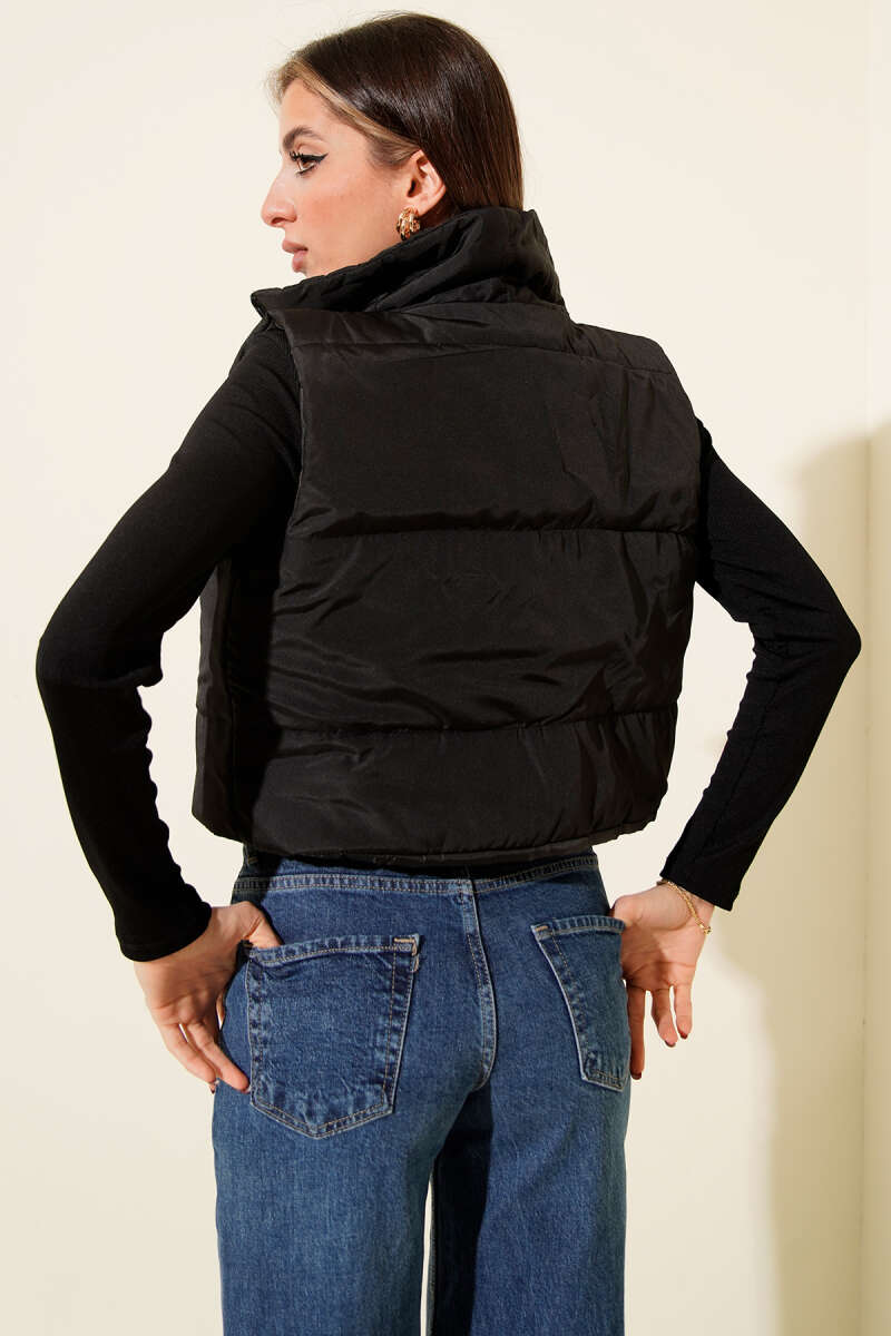 Sleeveless Stand-Collar Puffer Vest - Black