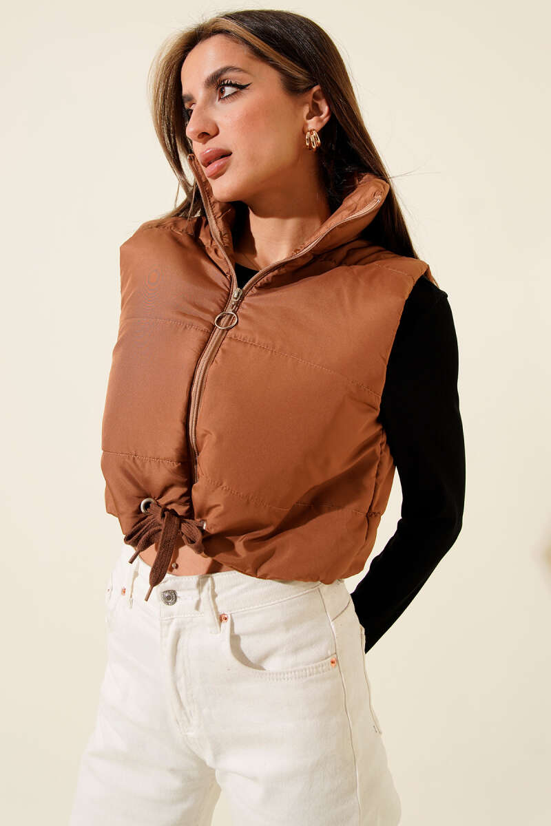 Sleeveless Stand-Collar Puffer Vest - Tan