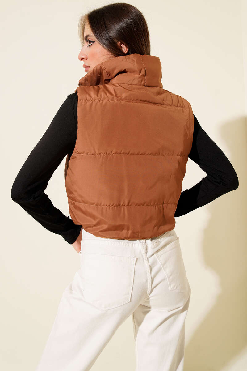 Sleeveless Stand-Collar Puffer Vest - Tan