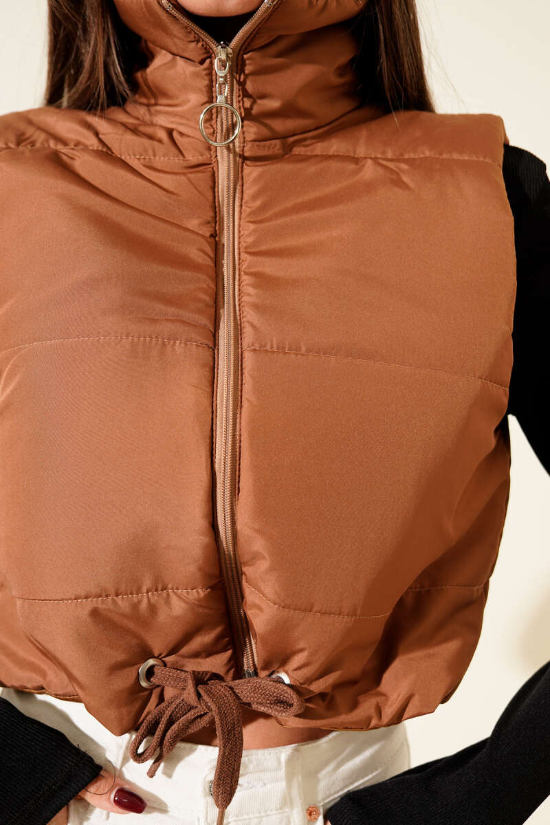 Sleeveless Stand-Collar Puffer Vest - Tan