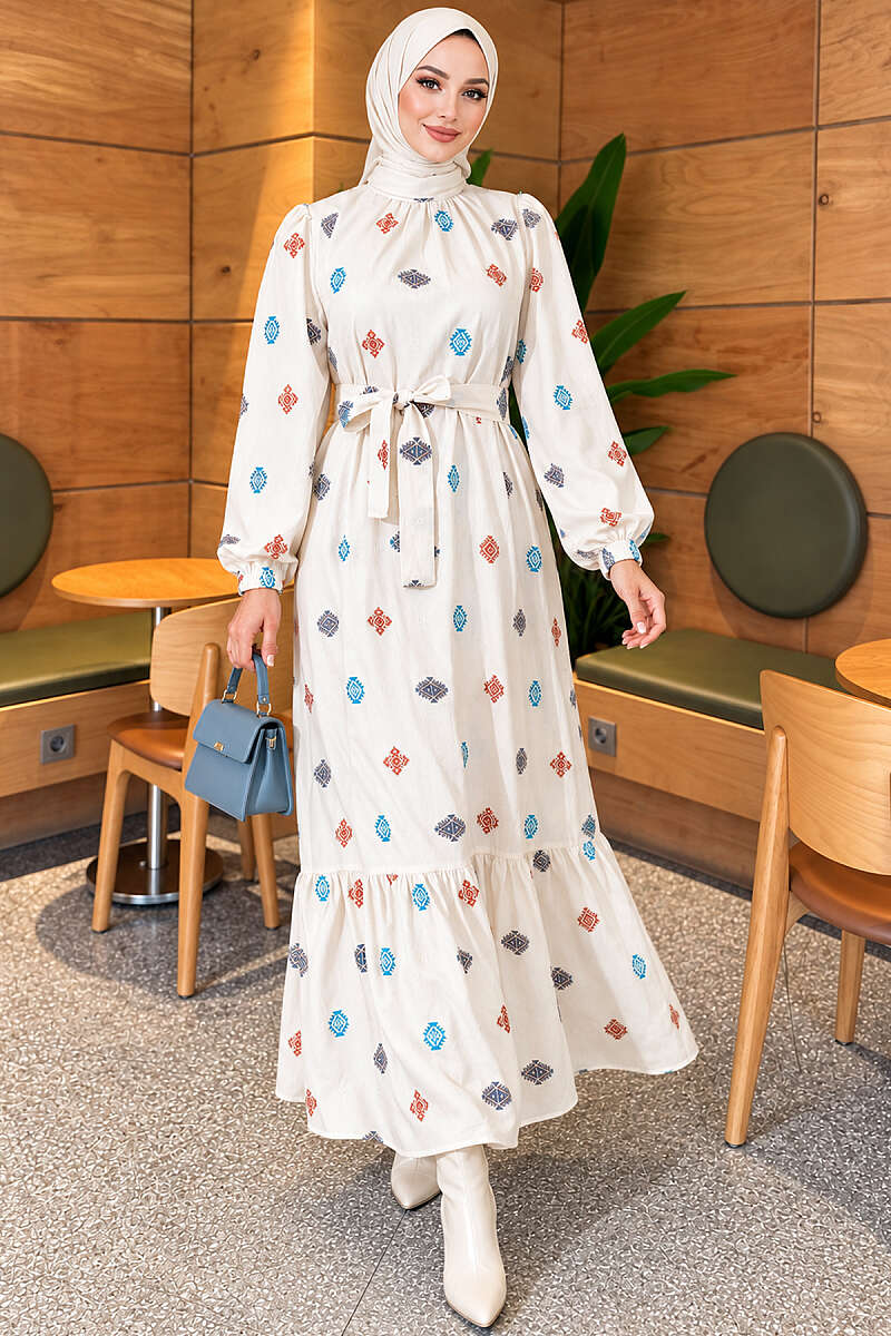 Embroidered Stand-Collar Dress - Beige