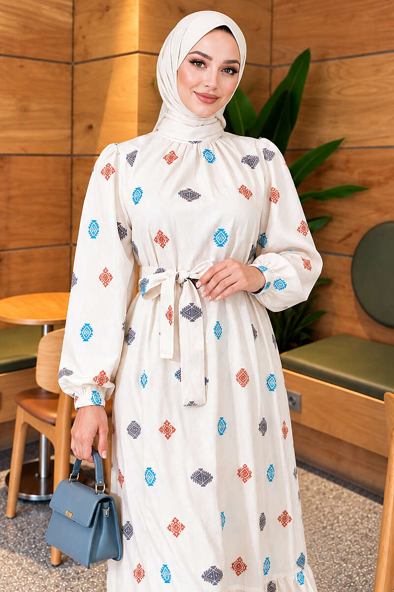 Embroidered Stand-Collar Dress - Beige