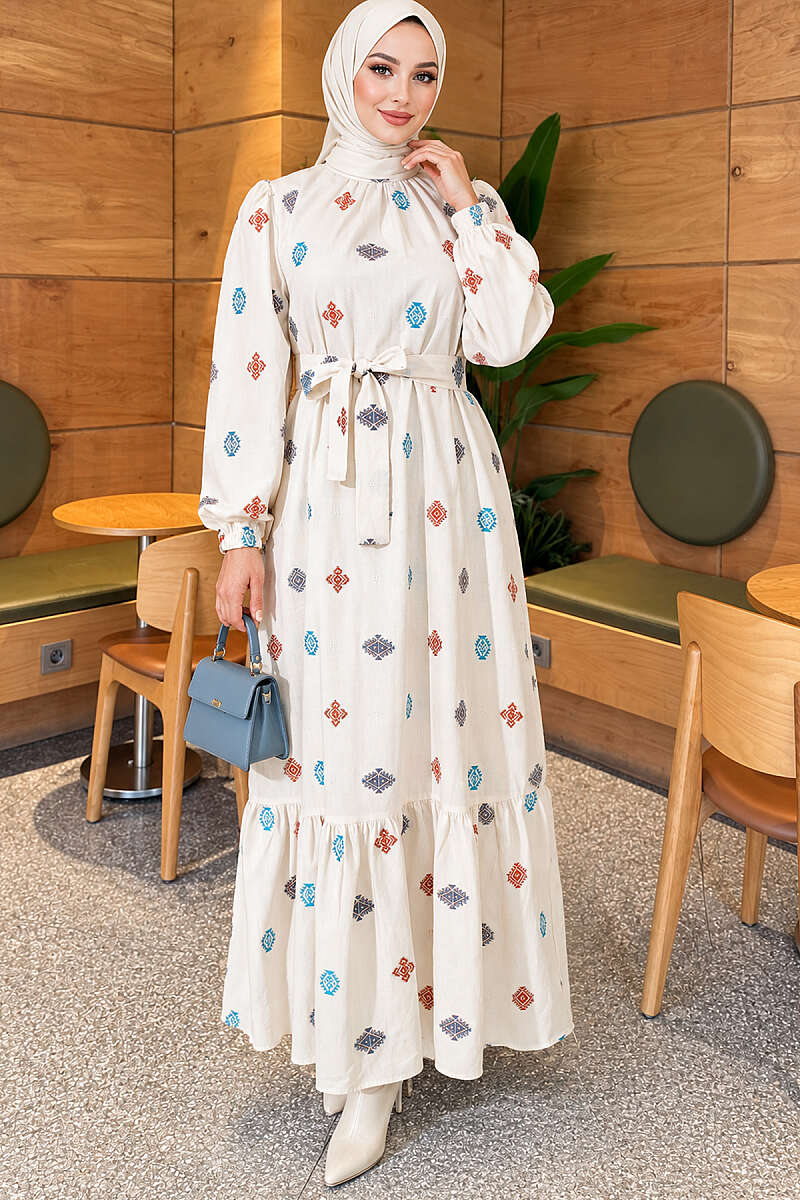 Embroidered Stand-Collar Dress - Beige