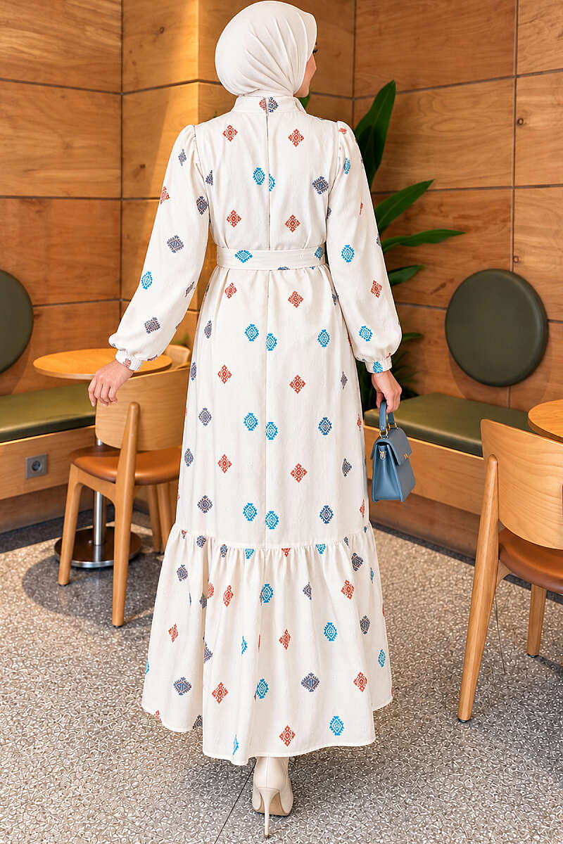 Embroidered Stand-Collar Dress - Beige