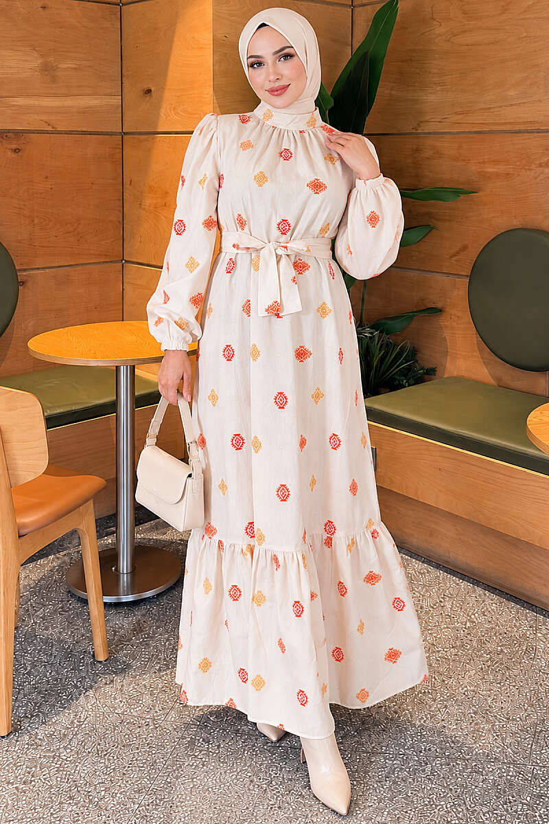 Embroidered Stand-Collar Dress - Orange