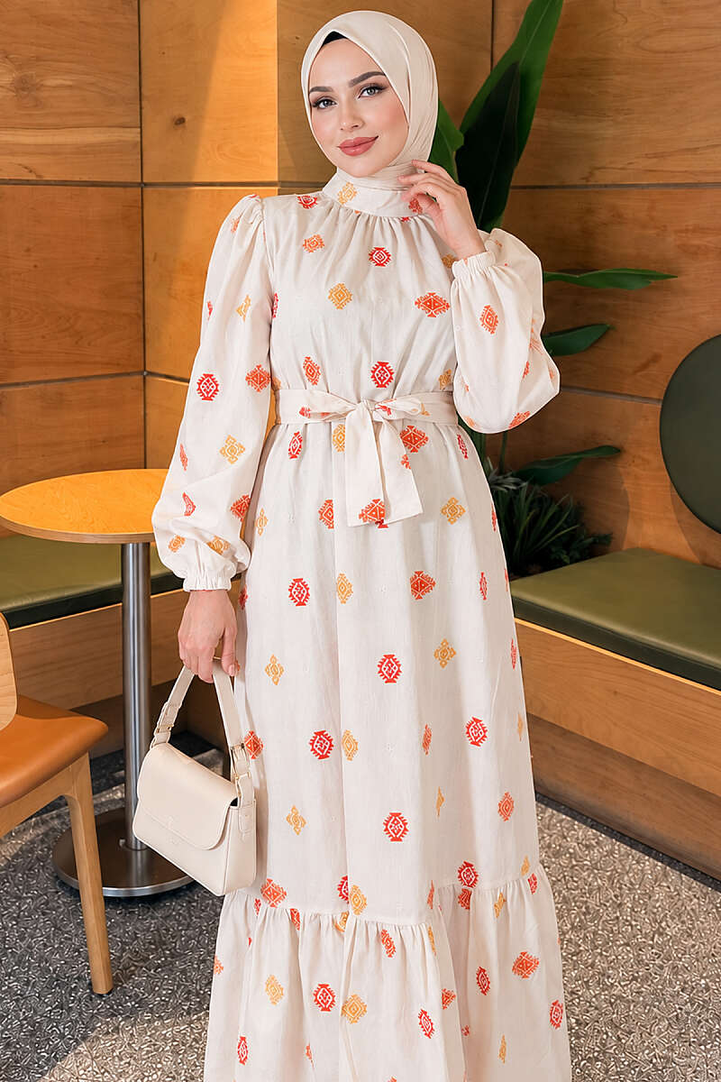 Embroidered Stand-Collar Dress - Orange