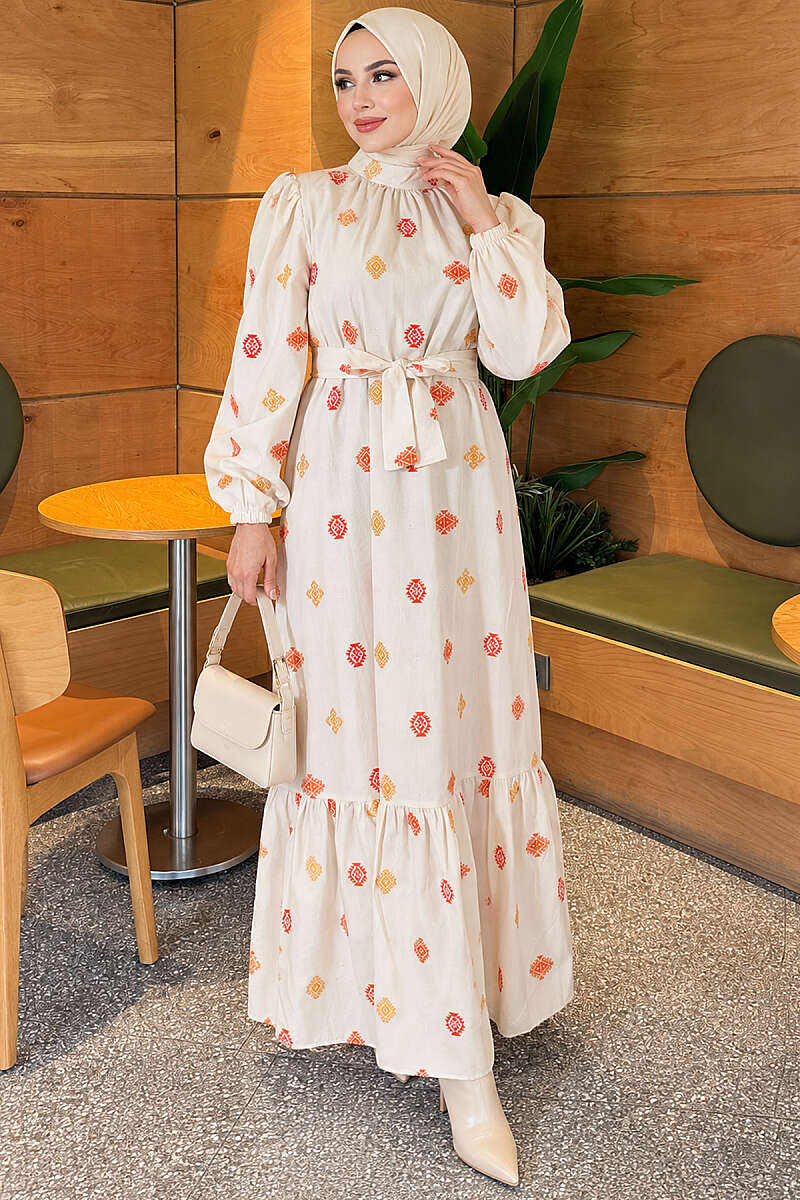 Embroidered Stand-Collar Dress - Orange