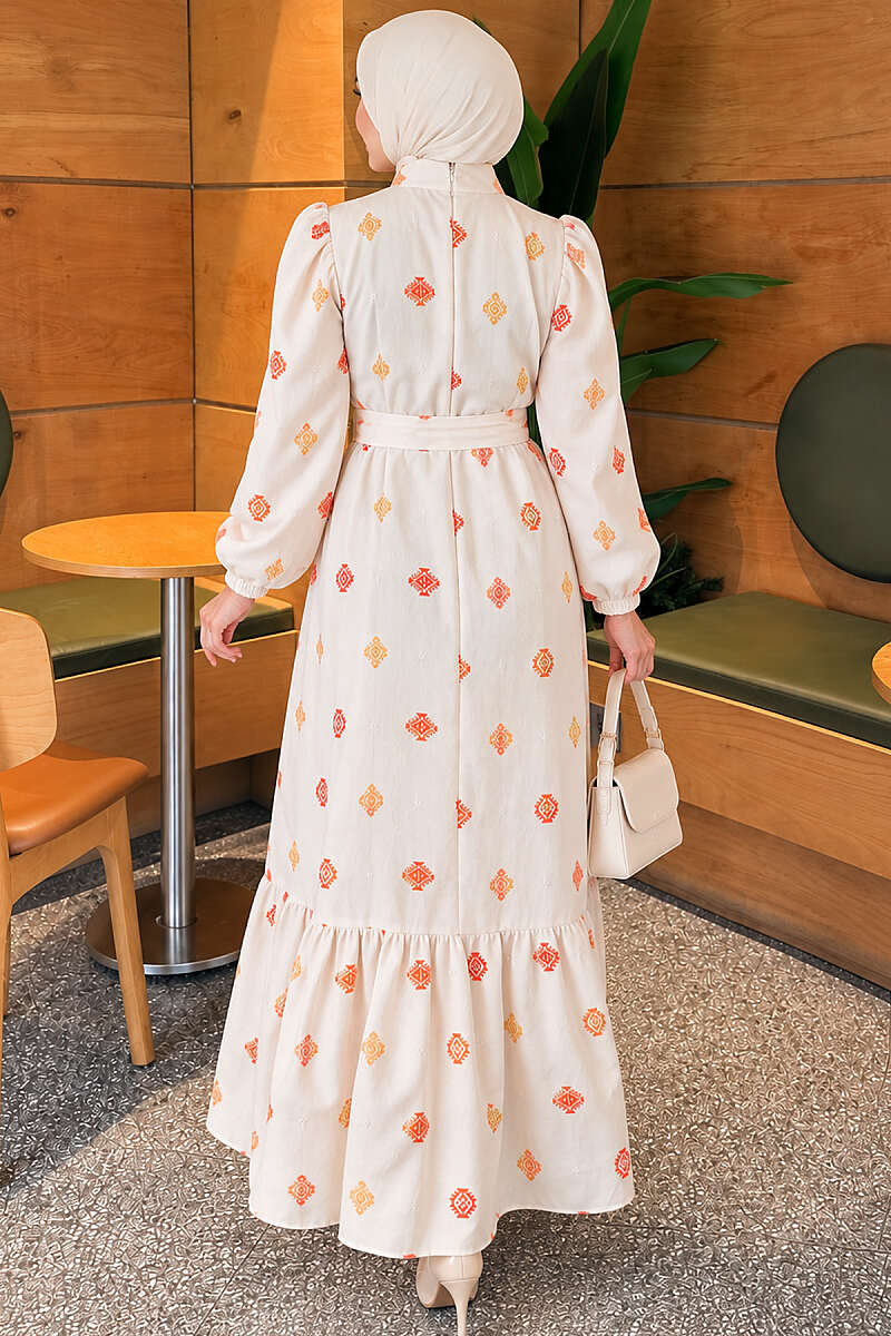 Embroidered Stand-Collar Dress - Orange