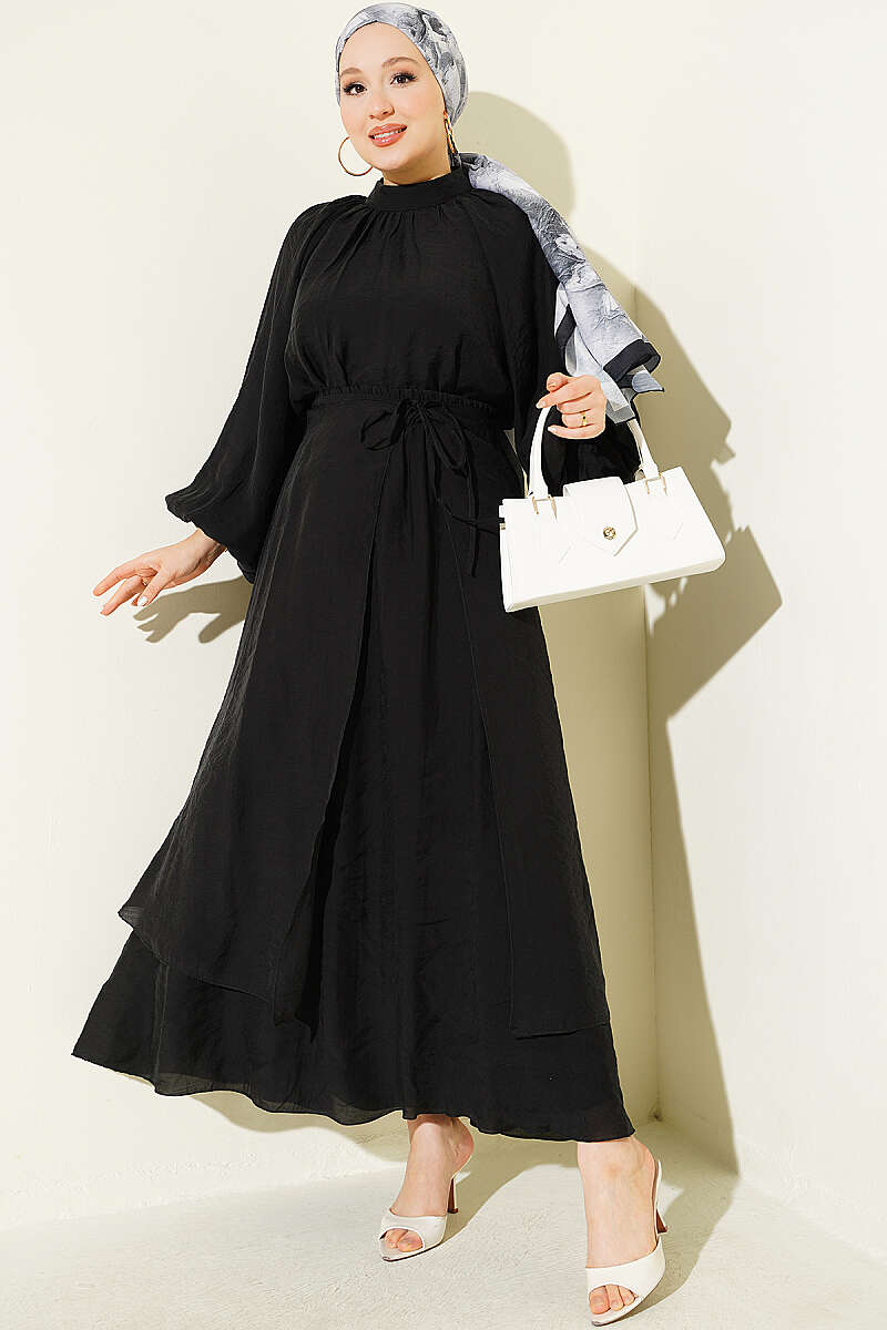 Stand-Collar Three-Piece Skirt Set with Panels - Black