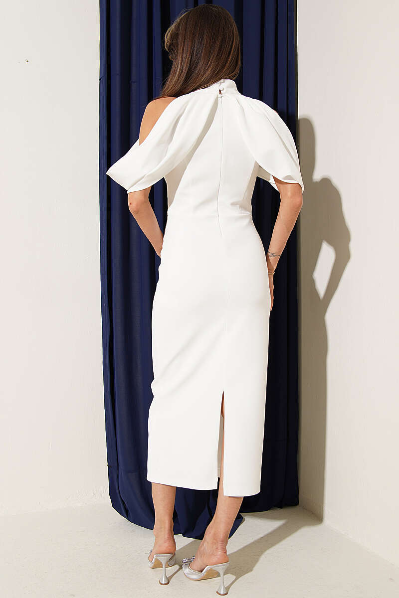 High-Neck Evening Dress with Cape Detail - Ecru