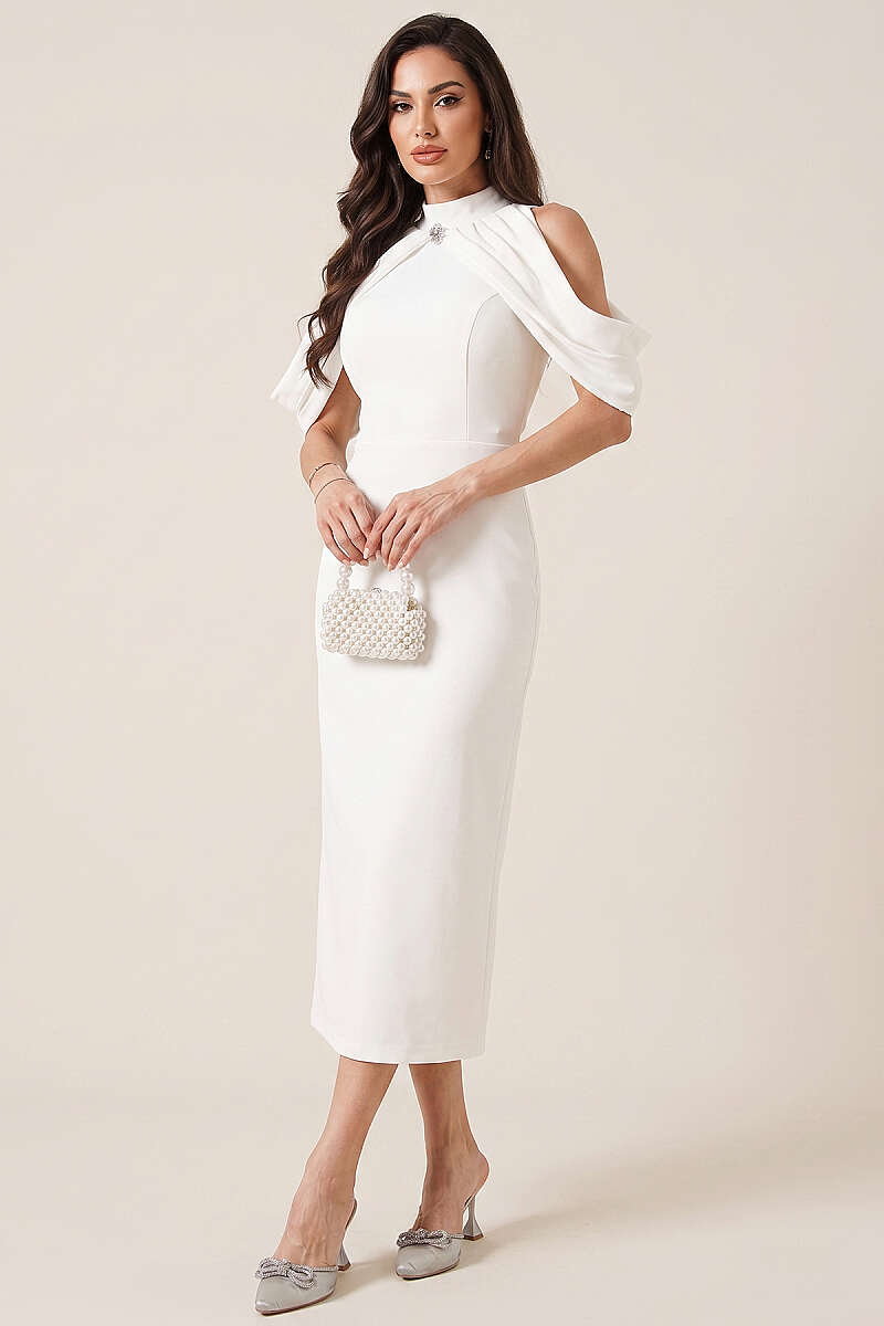High-Neck Evening Dress with Cape Detail - Ecru