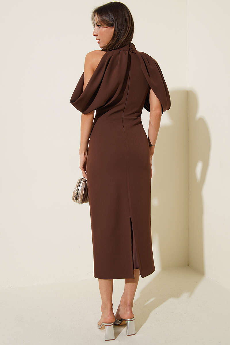 High-Neck Evening Dress with Cape Detail - Brown