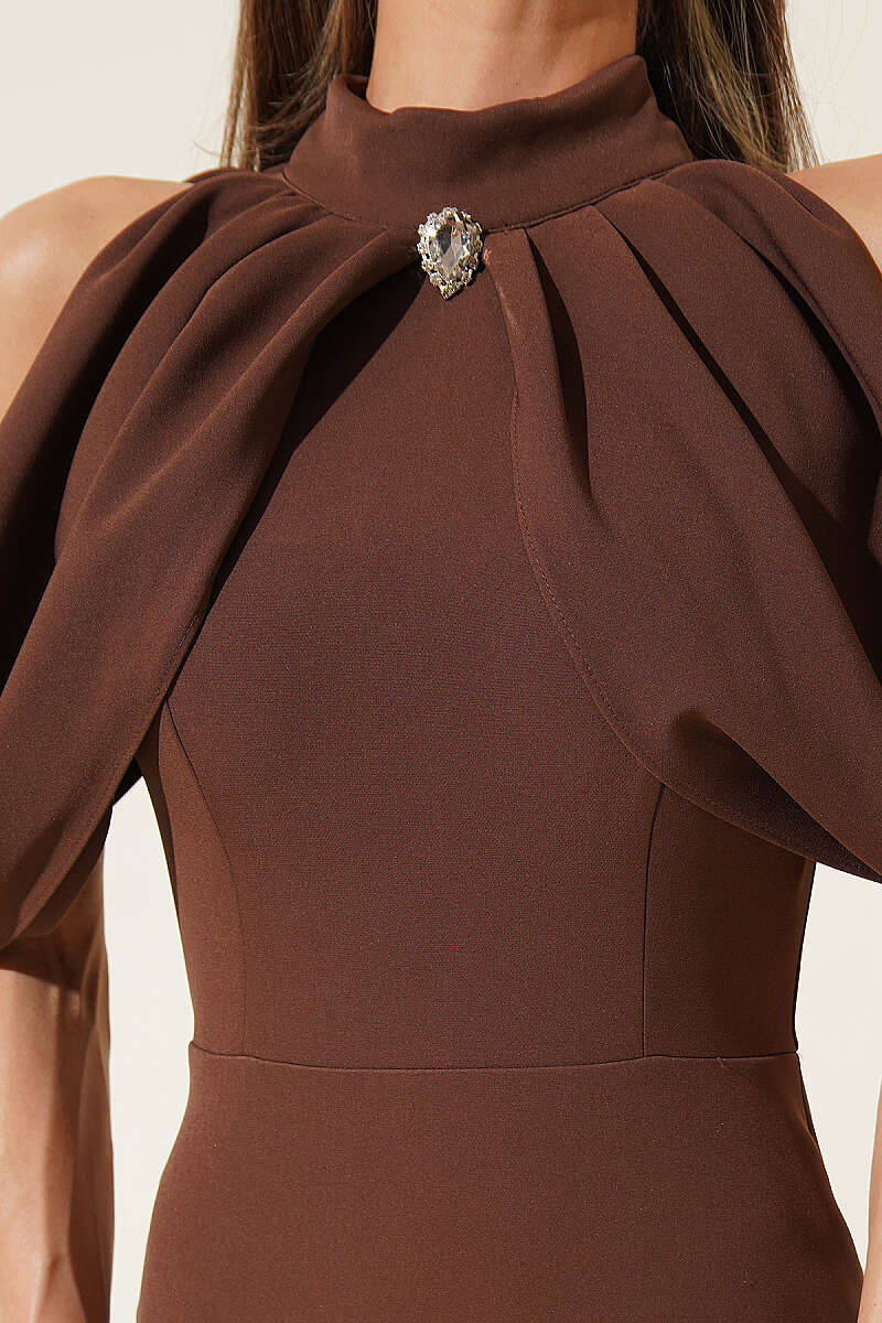 High-Neck Evening Dress with Cape Detail - Brown