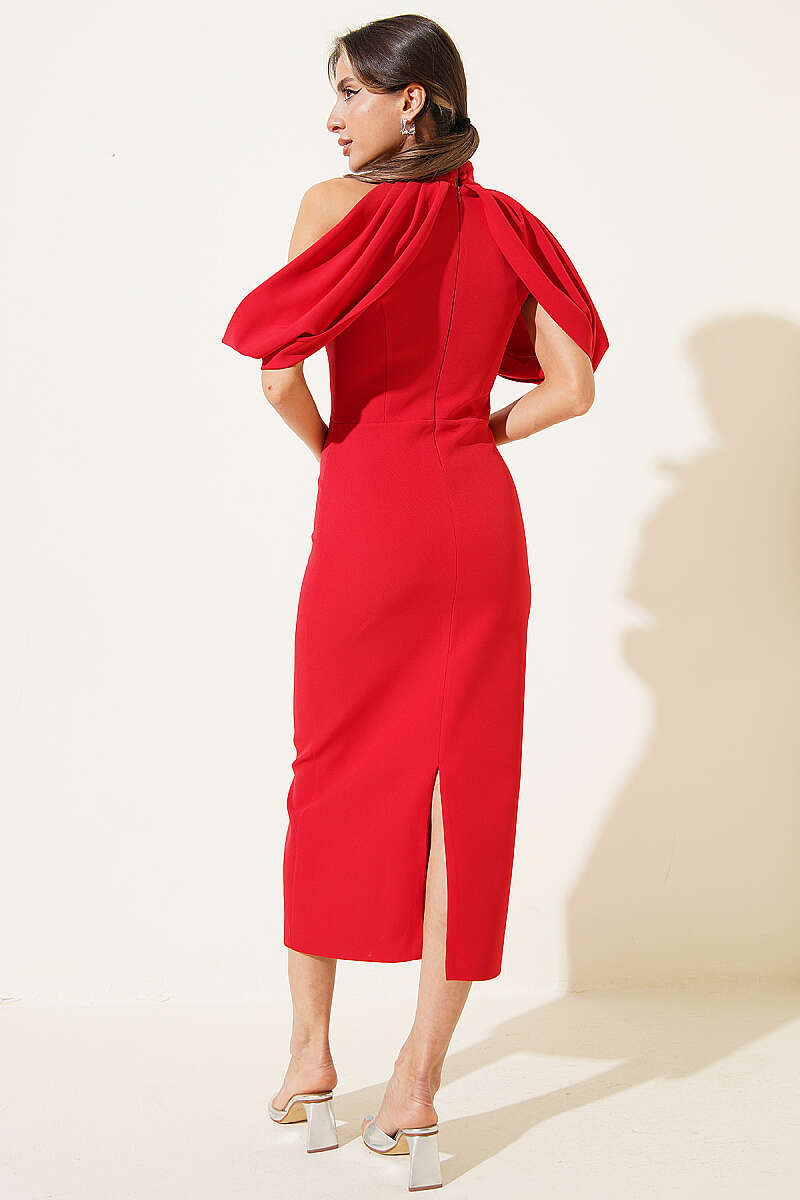 High-Neck Evening Dress with Cape Detail - Red
