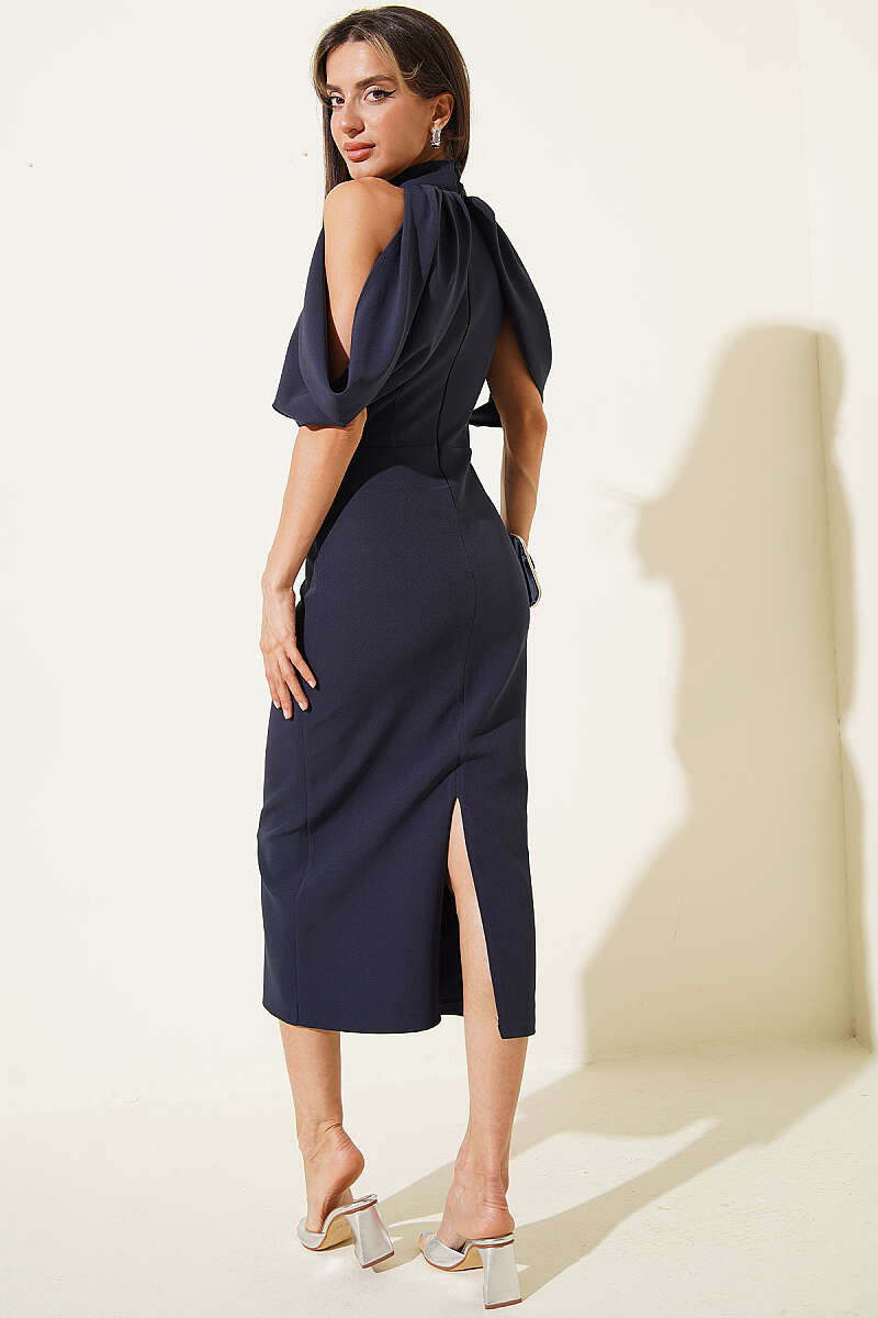 High-Neck Evening Dress with Cape Detail - Navy