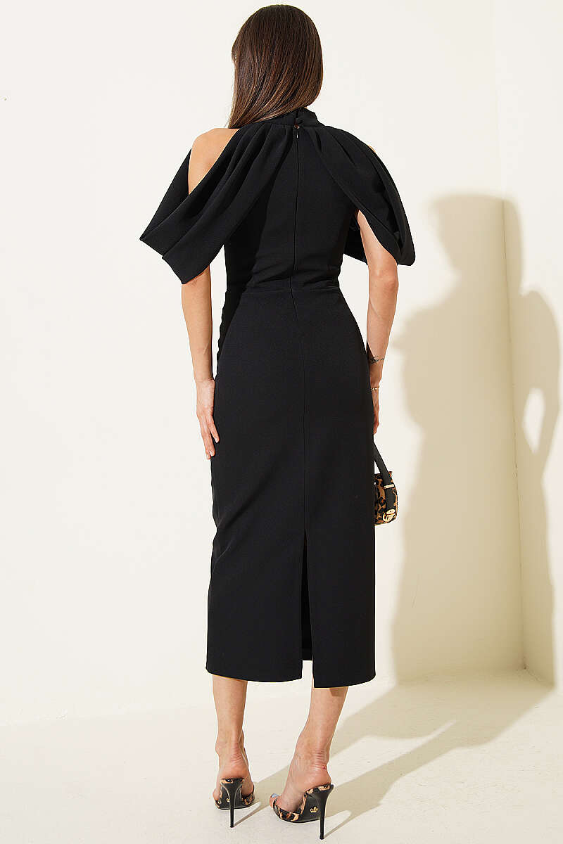 High-Neck Evening Dress with Cape Detail - Black