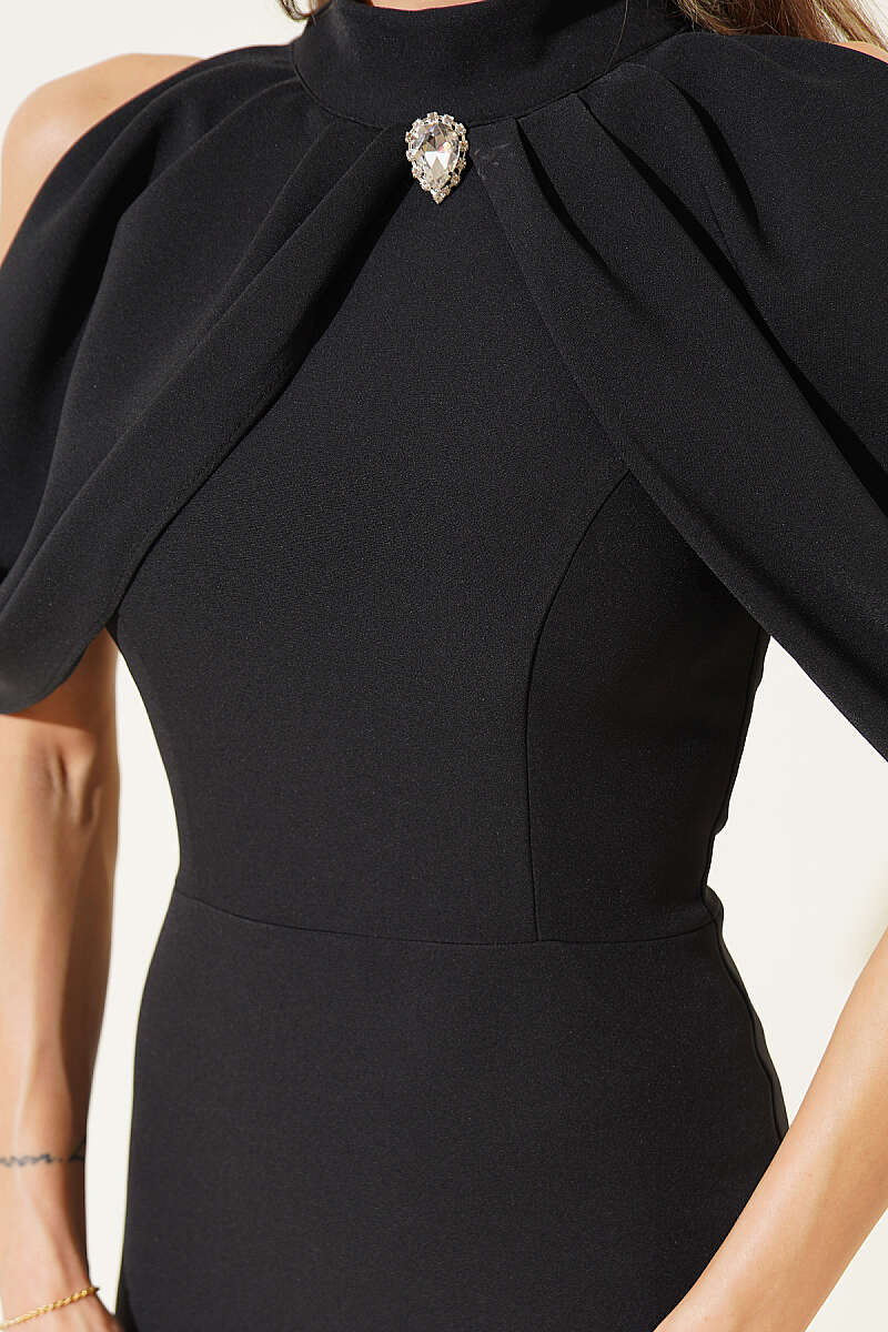 High-Neck Evening Dress with Cape Detail - Black