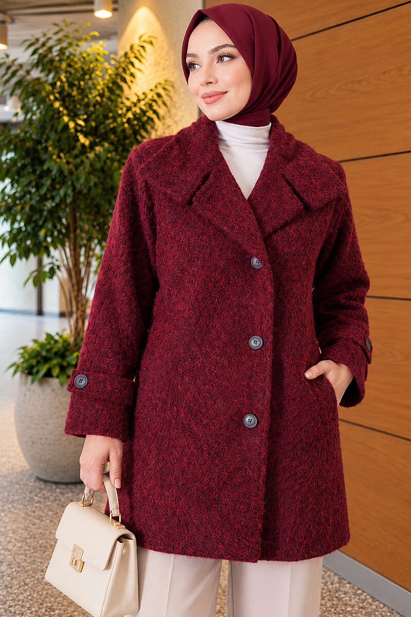 Felt Coat with Stand Collar - Burgundy