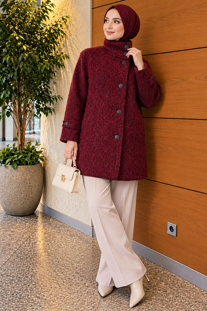Felt Coat with Stand Collar - Burgundy