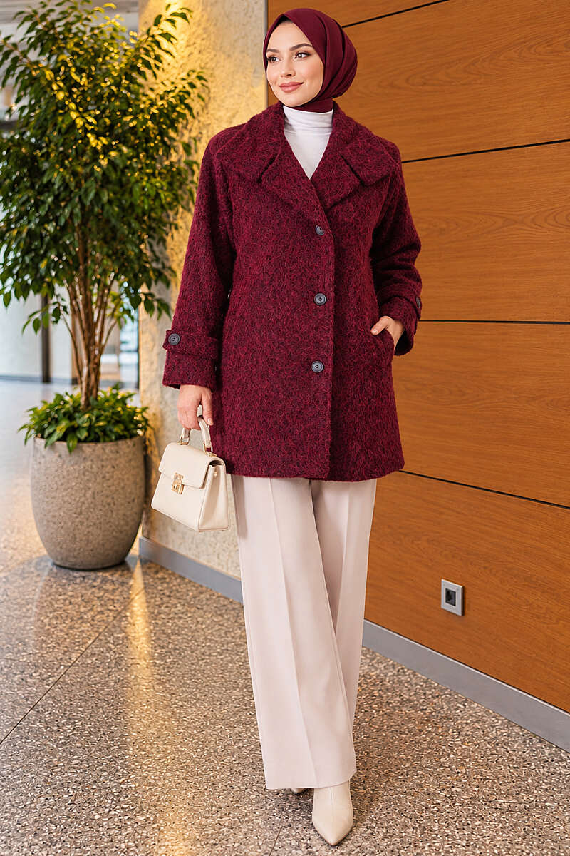 Felt Coat with Stand Collar - Burgundy