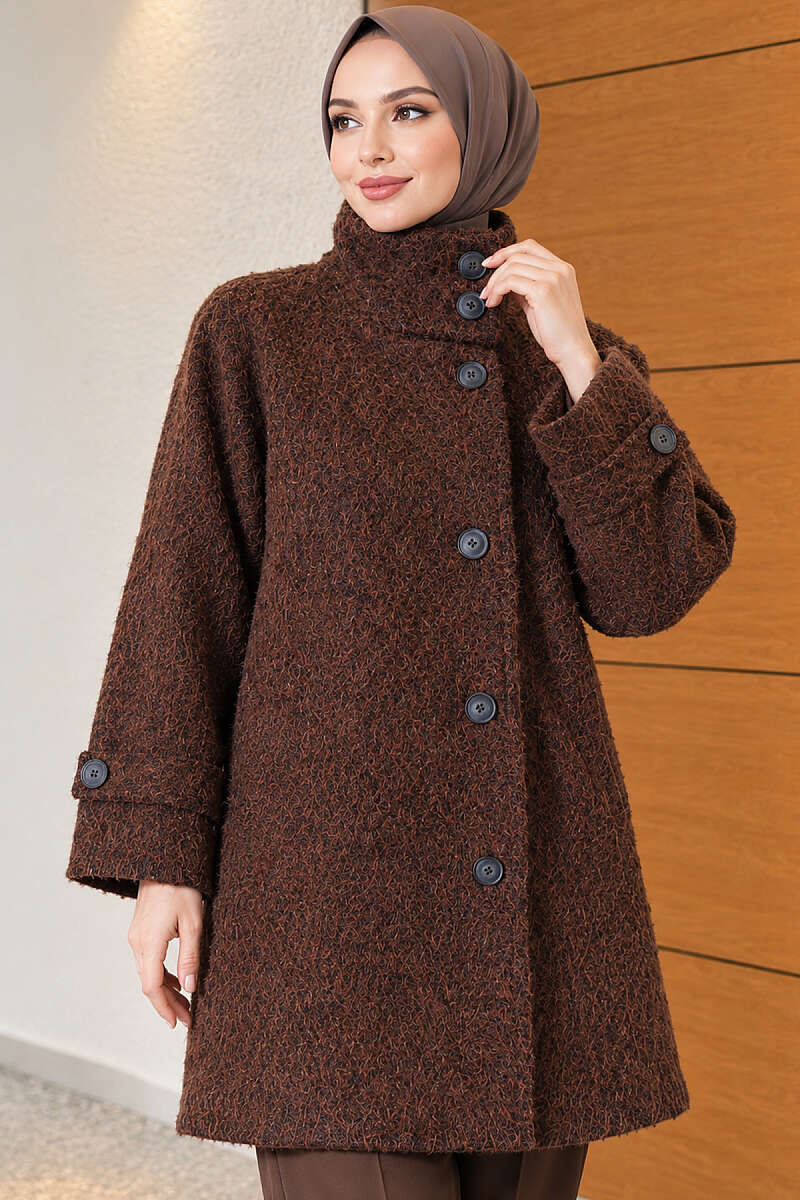 Felt Coat with Stand Collar - Brown