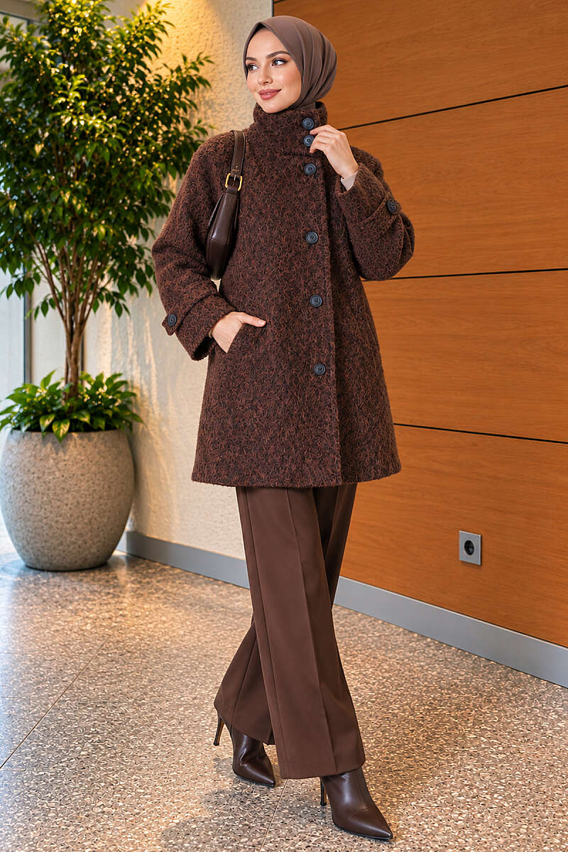 Felt Coat with Stand Collar - Brown