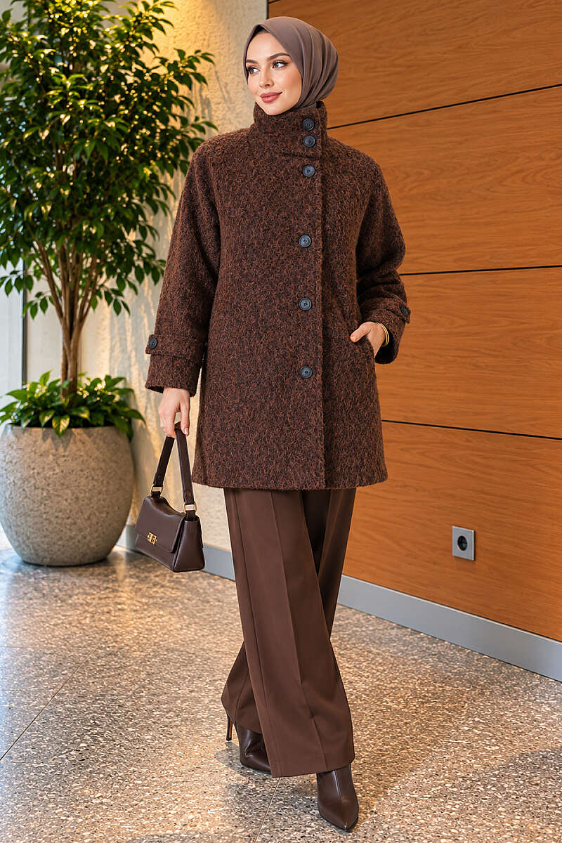 Felt Coat with Stand Collar - Brown