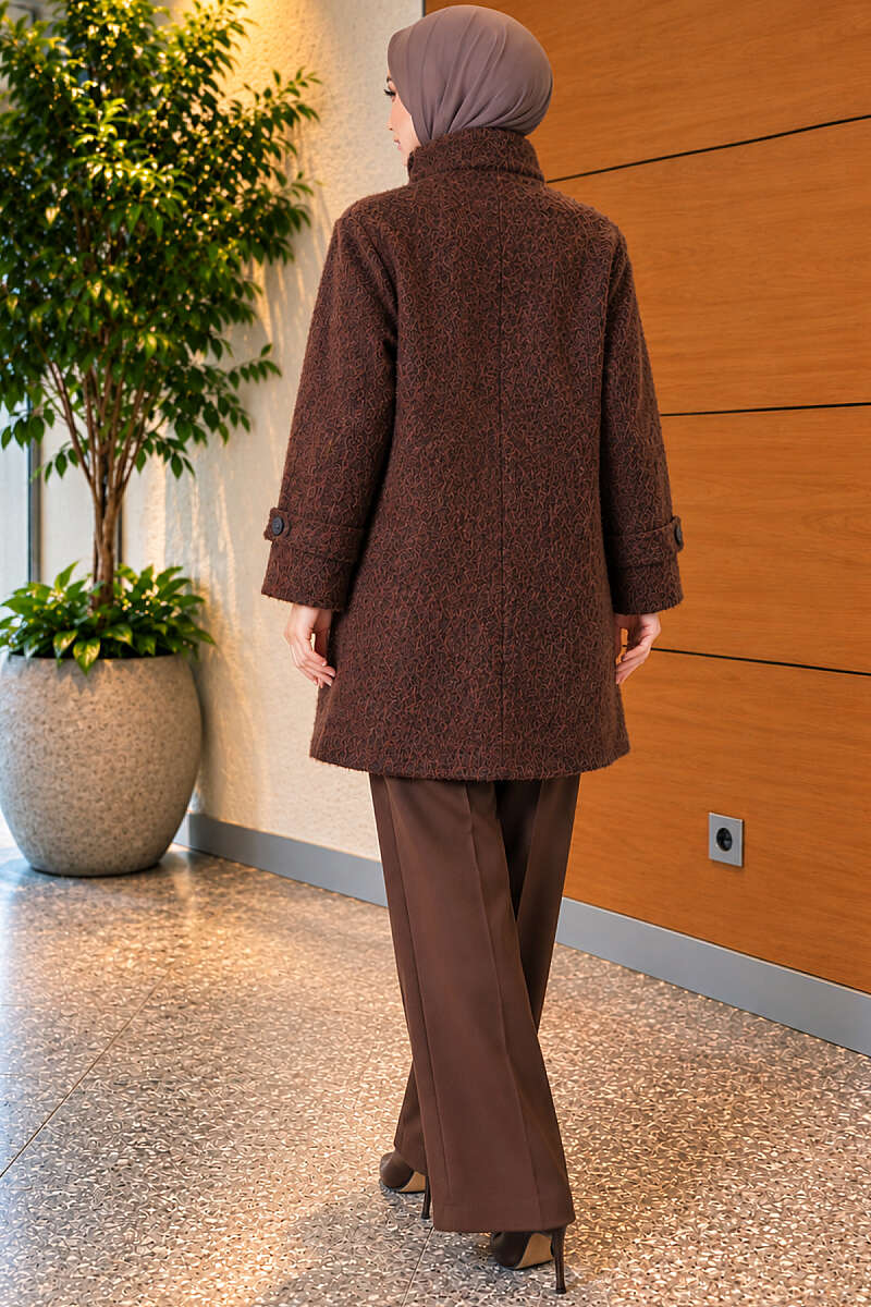 Felt Coat with Stand Collar - Brown