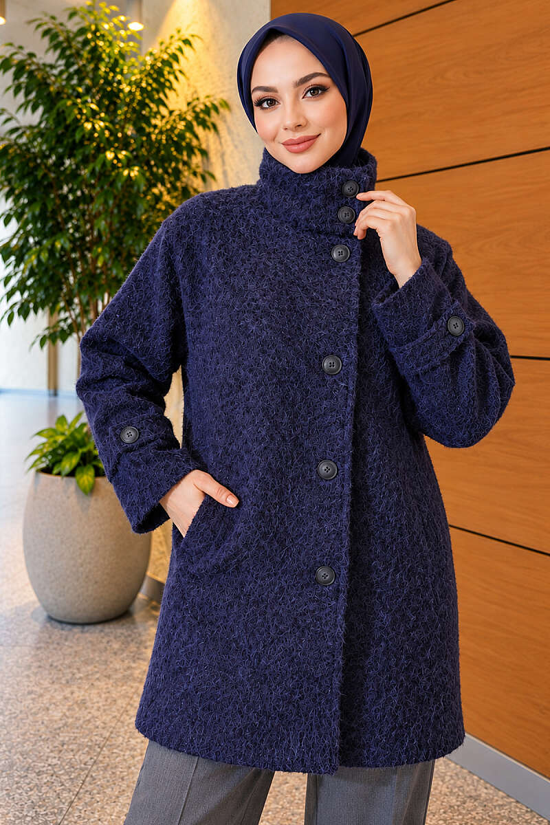 Felt Coat with Stand Collar - Navy