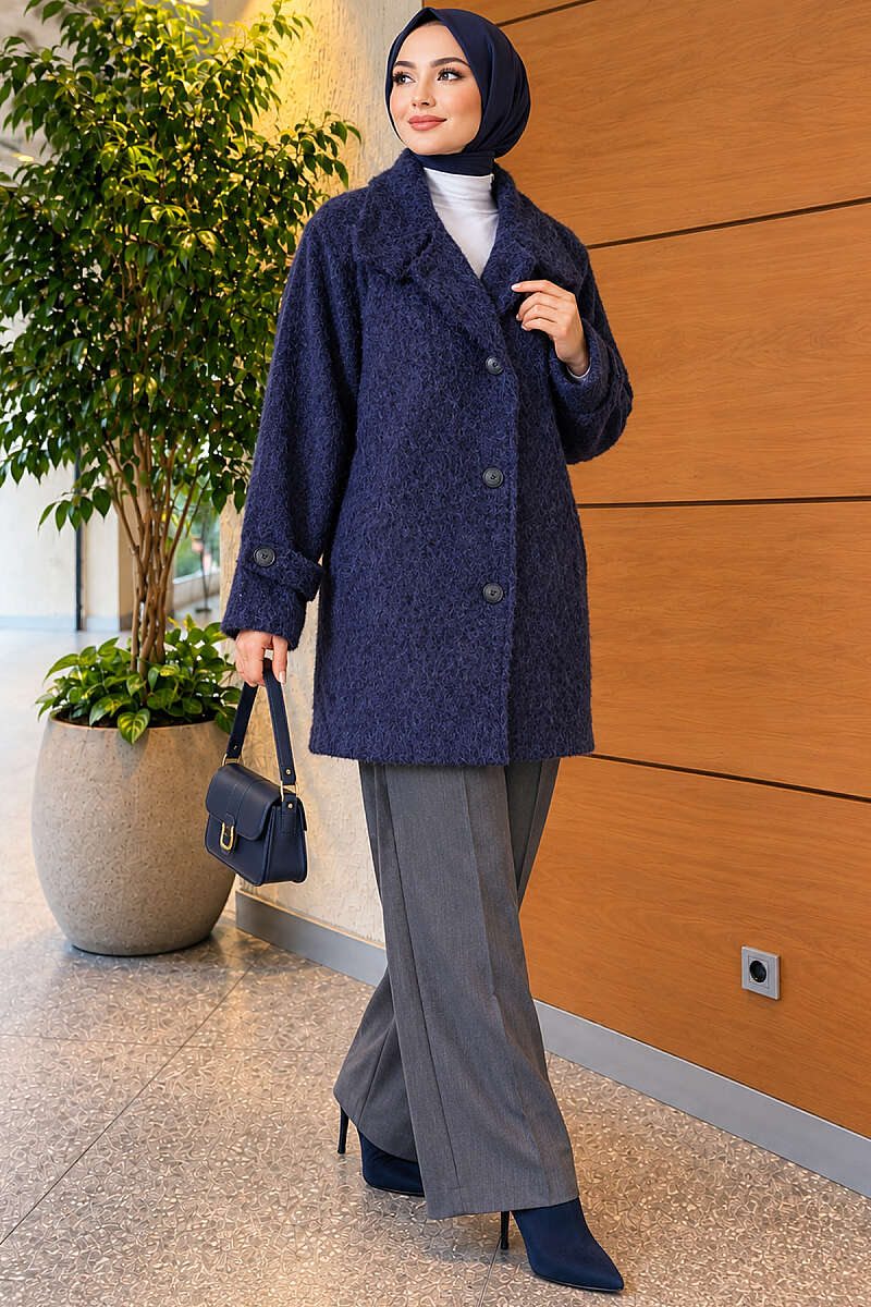 Felt Coat with Stand Collar - Navy