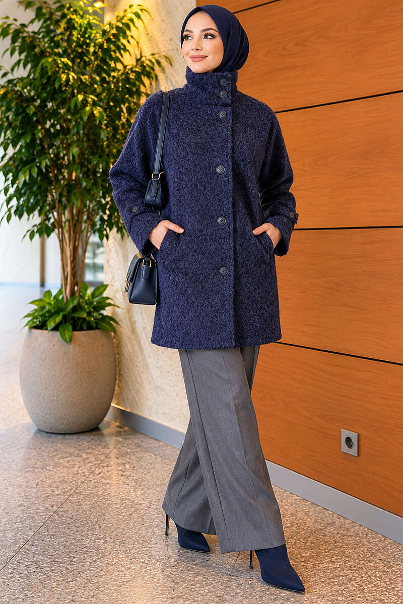Felt Coat with Stand Collar - Navy