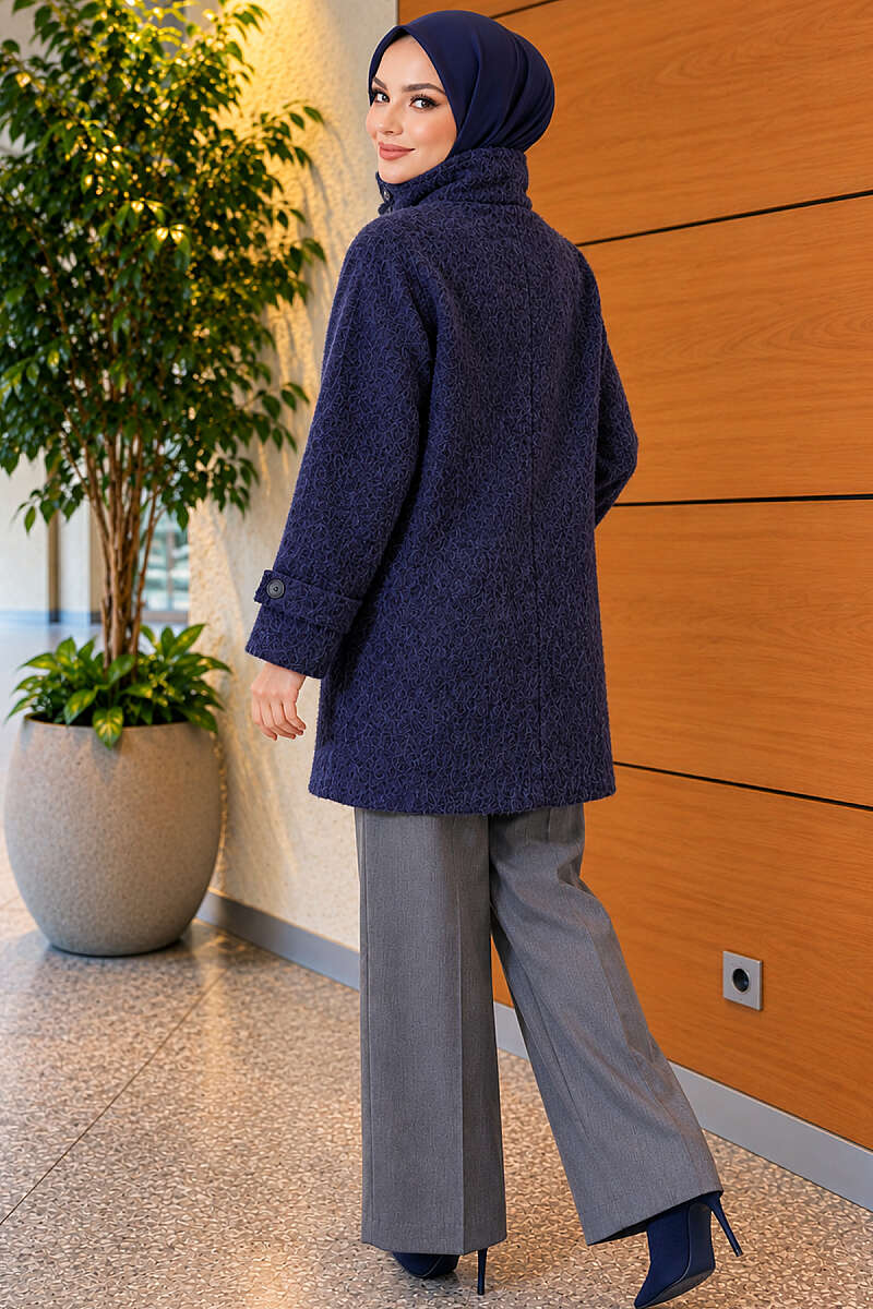 Felt Coat with Stand Collar - Navy
