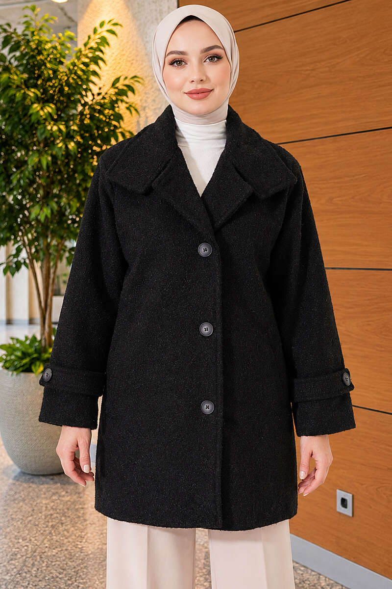 Felt Coat with Stand Collar - Black