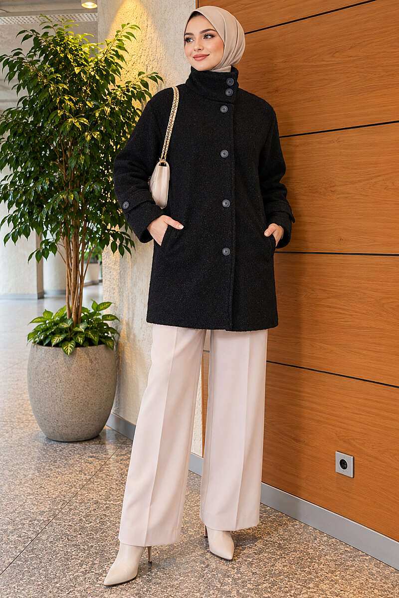 Felt Coat with Stand Collar - Black